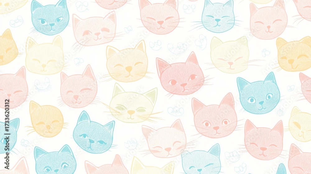 Obraz premium 39.A kawaii-style illustration of different cat faces in soft pastel colors, outlined in a thin contour line art style. The kittens are arranged in a playful scattered pattern, making it a charming