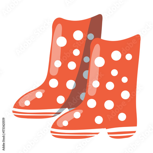 Pair of red rubber boots with white polka dots. Cute waterproof footwear in a fun doodle style. Hand-drawn. Perfect for autumn, spring, and gardening. Isolated design element on white background.