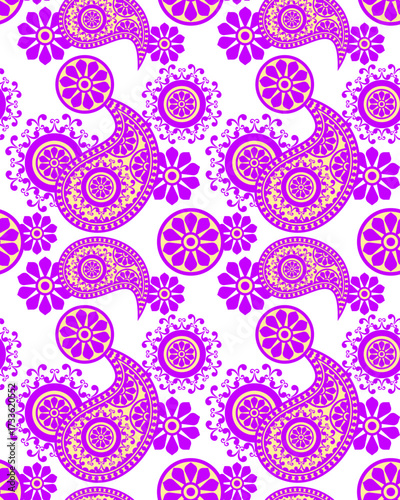 Vibrant paisley pattern featuring intricate designs in purple and gold, complemented by floral motifs on transparency background, creating lively and artistic visual appeal