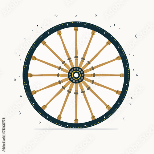 Illustration of a wooden wagon wheel with a dark blue rim and gold spokes against a white background.