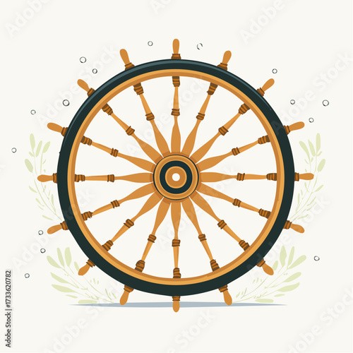 Illustration of a wooden ship's wheel with a dark blue rim, surrounded by stylized leaves and bubbles on a light background.