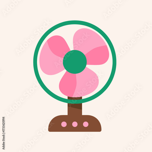 Minimalistic pink fan illustration with green accents on beige background