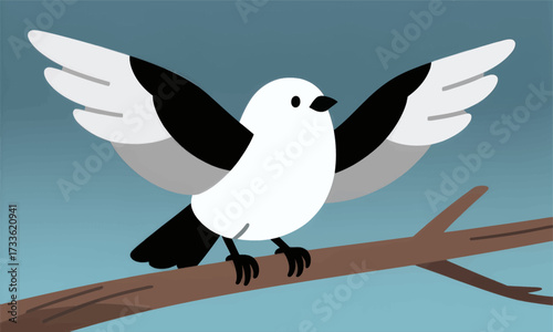 Minimalistic white bird perched on branch against serene blue sky