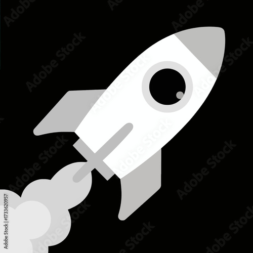 Minimalistic white rocket ship icon on black background with smoke trail.