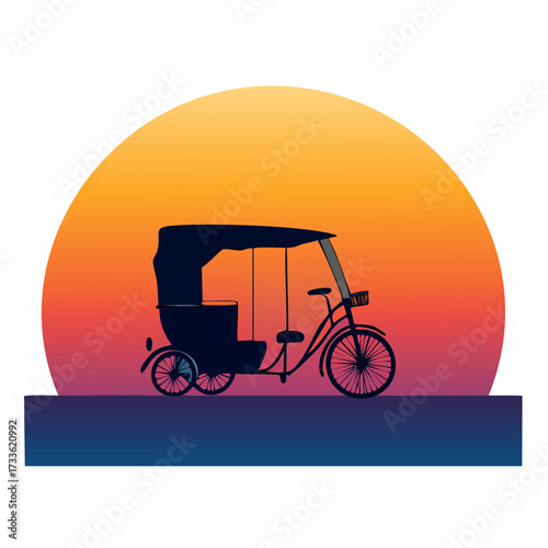 Silhouette of a rickshaw against a gradient sunset background, featuring orange, yellow, and purple hues.