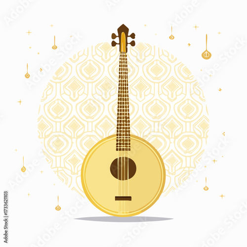 Illustration of a light yellow banjo with a circular body, against a patterned background and decorative gold accents.