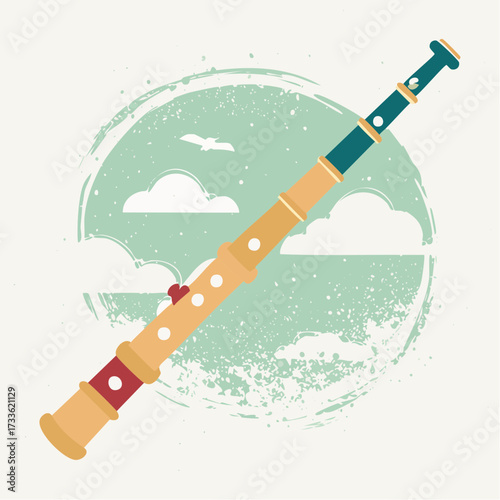Illustration of a recorder flute against a stylized sky with clouds and a bird, creating a whimsical and musical scene.