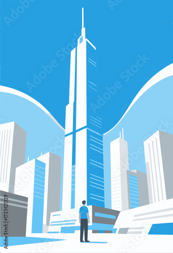 Modern cityscape with towering skyscrapers and a contemplative figure under clear blue sky