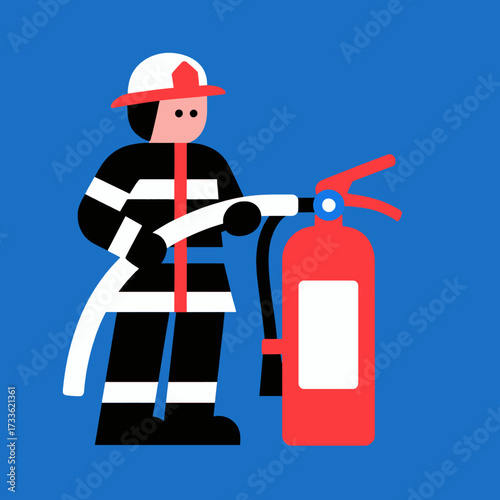Modern firefighter with extinguisher against vibrant blue background