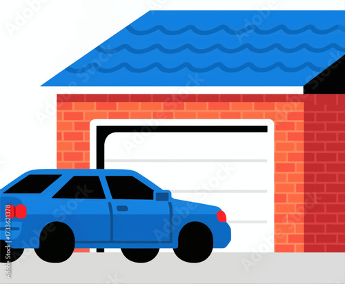 Modern garage with blue car and brick wall under clear sky