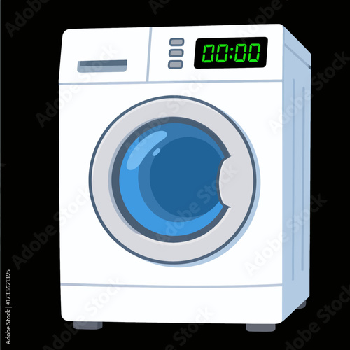Modern laundry machine illustration with digital timer on black background