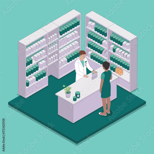 Pharmacist Assisting Customer in Pharmacy with Shelves of Medicine Keywords: pharmacy, drugstore, pharmacist, customer, medicine, drugs