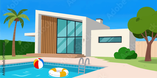 Modern poolside retreat under clear blue sky