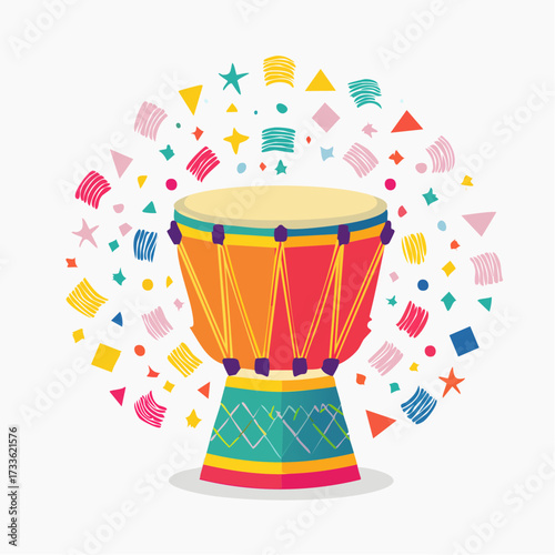 Colorful illustration of a djembe drum surrounded by confetti, creating a festive and celebratory atmosphere.