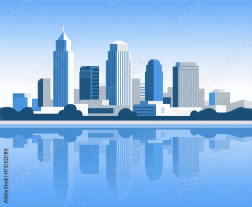 Modern city skyline reflection on calm water under clear blue sky
