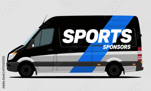 Modern sports sponsor van illustration with bold text and dynamic lines