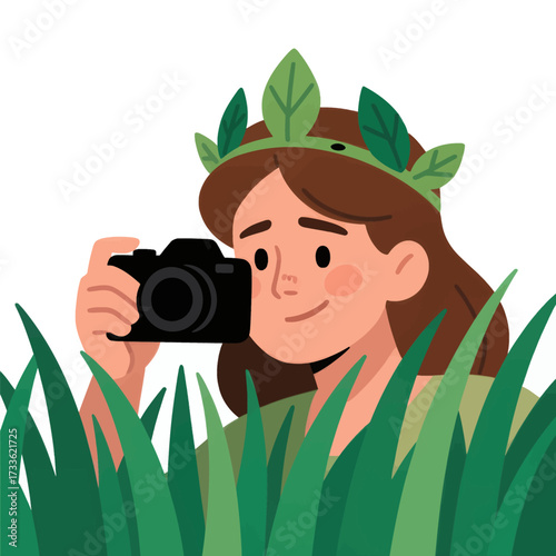 Nature photographer in green leaf crown amidst lush grass capturing serene moment