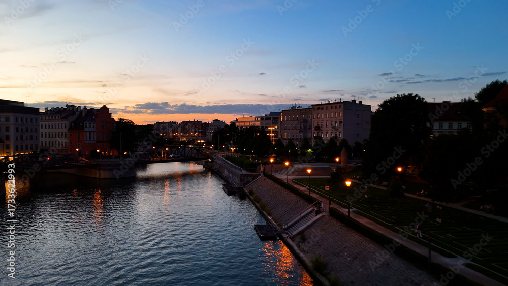 Obraz premium old European city city center view from above evening night illumination Wroclaw Poland