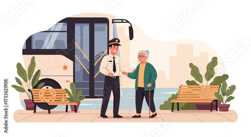 Assistance on public transport: Empathetic bus driver helps senior citizen board vehicle