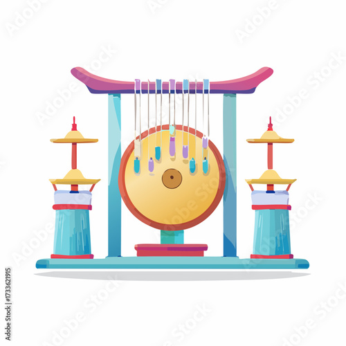 A stylized illustration of a traditional Asian gong with decorative hanging elements and flanking structures, set against a white background.