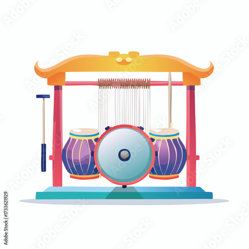 Illustration of a traditional musical instrument with drums, strings, and a mallet, set on a stand with an ornate top.