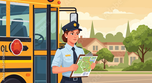 School safety officer guiding bus routes for children's security in residential areas