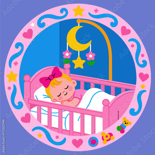 Peaceful baby sleeping under moonlit night with whimsical stars and hearts