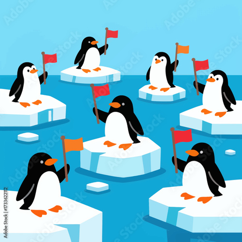 Penguins on ice floes with flags, vibrant blue ocean, sunny day, playful adventure