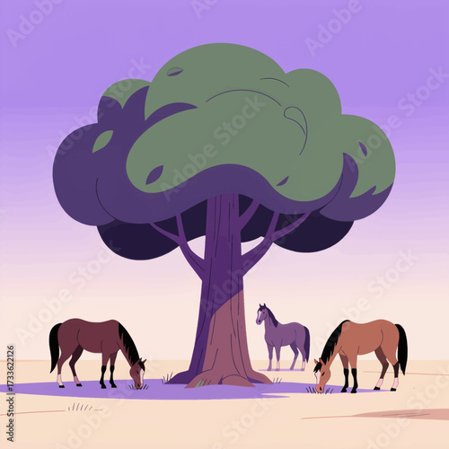 Peaceful horses grazing under a serene tree at dusk