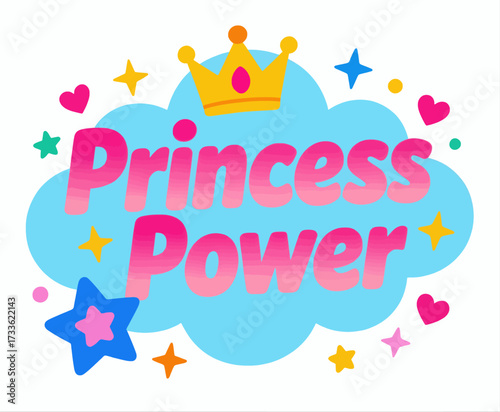 Princess-themed illustration with crown, stars, and hearts in bright colors