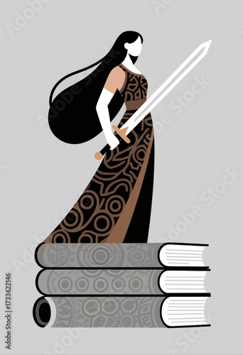 Powerful warrior woman with sword and books, modern illustration style