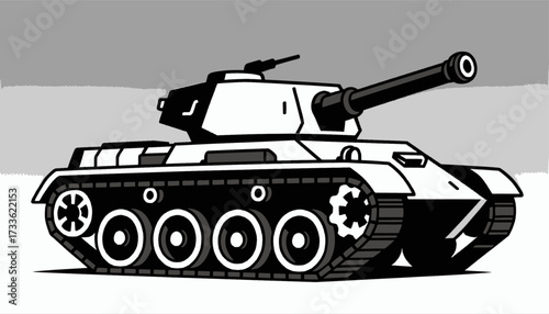 Powerful military tank silhouette in stark black and white against a neutral background