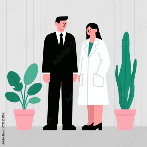 Professional partnership in minimalist office setting with potted plants
