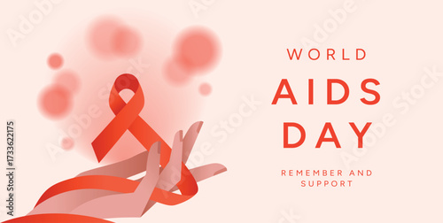 World AIDS Day background with Hand holding Red Ribbon and blurred circles. December 1 awareness campaign. HIV AIDS prevention and support. Vector illustration for poster, banner, flyer, card, cover