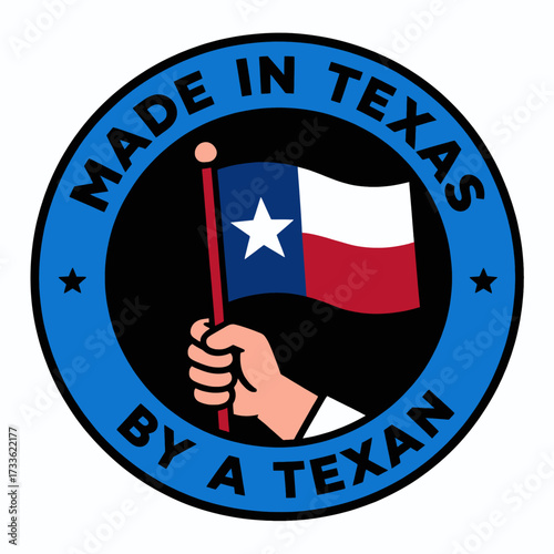 Proud Texan flag emblem with hand holding Texas state flag under blue circle