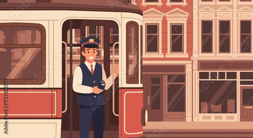 Vintage tramway scene showcasing a friendly conductor and classic architecture