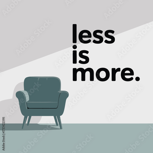 Plush Teal Armchair and " Less Is More" Text in a Softly Lit Room furniture interior