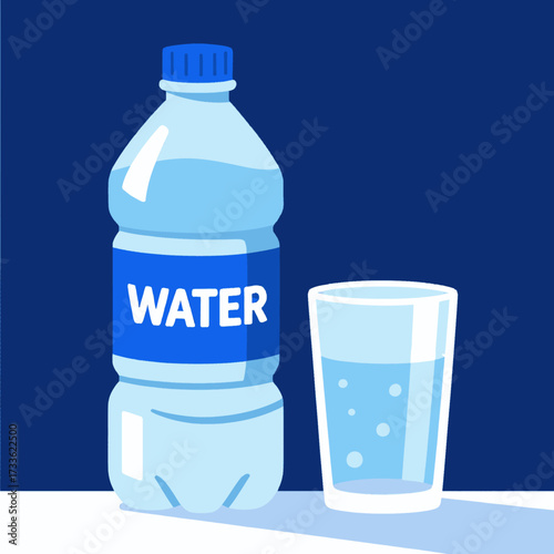 Refreshing water bottle and glass illustration under deep blue sky