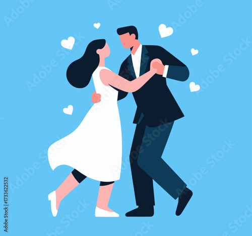 Romantic couple dancing under clear blue sky with heart symbols