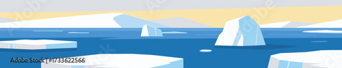 Serene Arctic landscape with icebergs and calm waters under soft golden sky