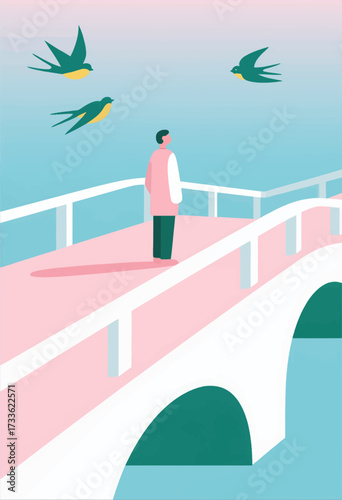 Serene bridge walk with man, birds, and pastel colors under clear sky
