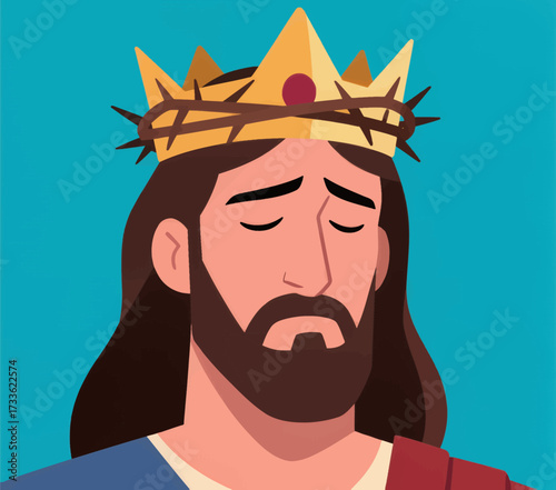 Serene Christ with crown of thorns in minimalist style under clear blue sky