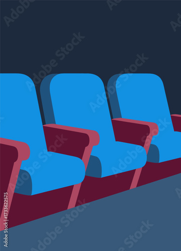 Serene cinema seats in minimalist blue and red tones under dark night sky