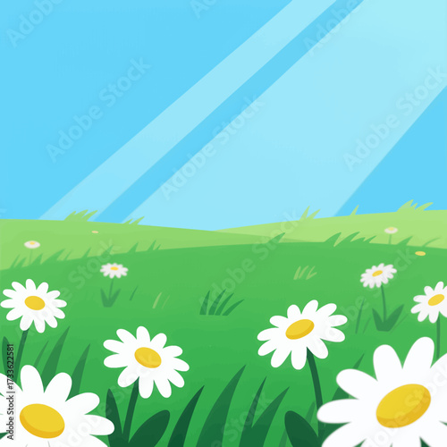 serene spring meadow with daisies under bright blue sky