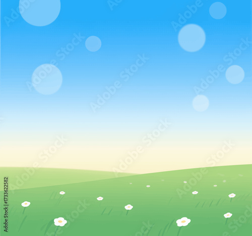 serene spring meadow under clear blue sky with fluffy white clouds