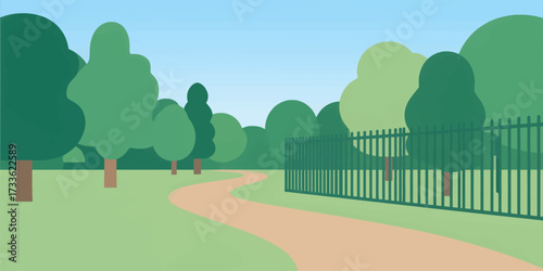 serene park pathway with lush greenery and clear blue sky