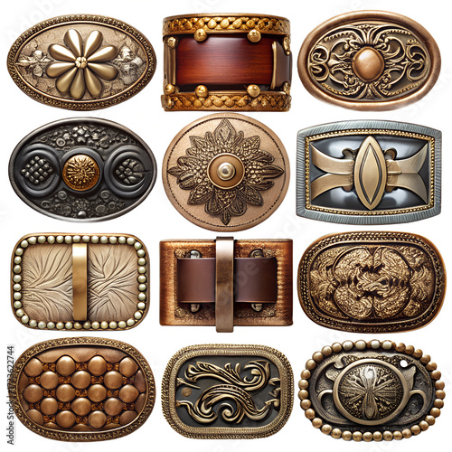 Collection of antique and vintage ornate metal belt buckles with intricate designs, isolated on transparent background