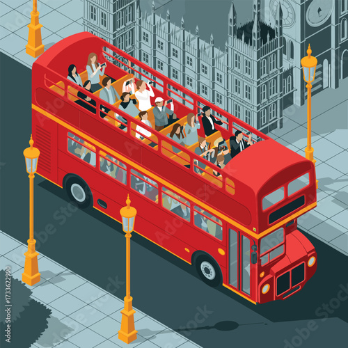 Red double decker bus with tourists in front of Big Ben isometric view london red bus