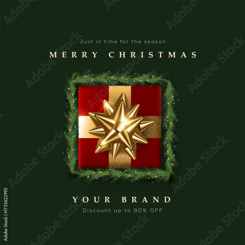 Luxury Christmas gift banner featuring red box with shiny golden bow surrounded by fir garland on dark green background perfect for holiday promotions social media ads and elegant campaigns