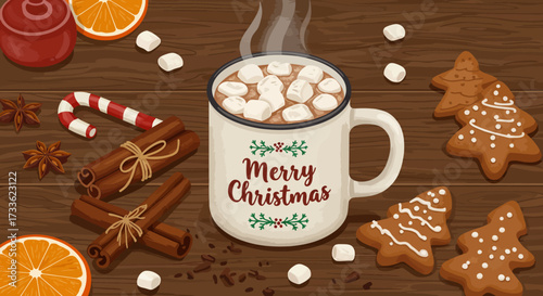 Festive Christmas Mug with Hot Chocolate, Marshmallows, and Gingerbread Cookies